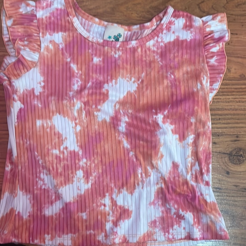 Tie-dye, pink, orange, and white